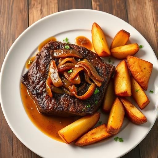 Bistec encebollado con papas rústicas